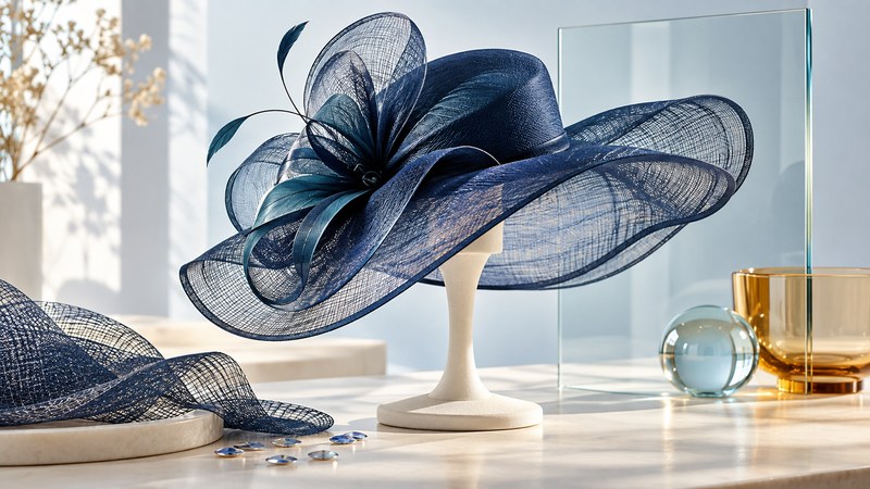 A flowing navy occasion hat with an open-weave brim rests on an ivory stand beside mesh and sequins.
