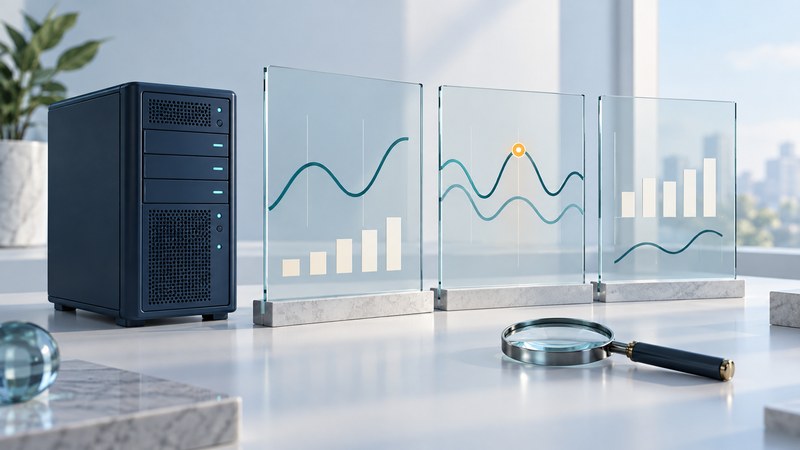 A navy server stands beside glass panels showing abstract teal curves, ivory bars and an amber observation marker.