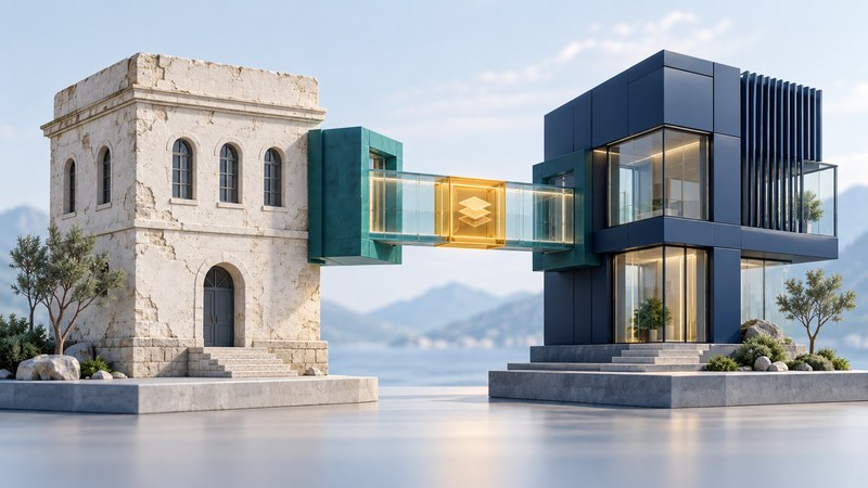 An older ivory building and a modern navy pavilion connect through a glass bridge, teal gateway and amber inspection point.