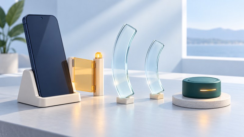 A navy phone in an ivory cradle faces a teal sensor, with supported glass arcs and an amber permission gate between them.