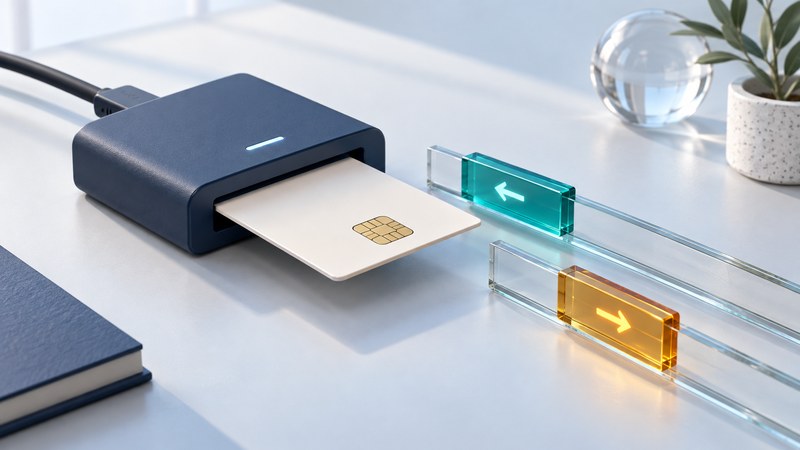 An ivory contact smart card rests in a navy reader beside teal request and amber response tiles on glass rails.