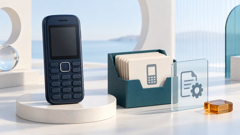 A navy feature phone beside an archive box of ivory cards, a glass descriptor card, and an amber tile.