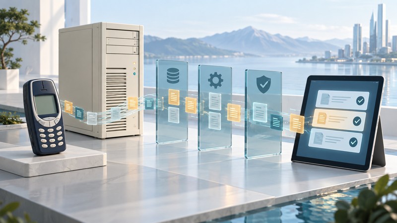An older mobile handset and server connect through glass dependency panels to a modern tablet.