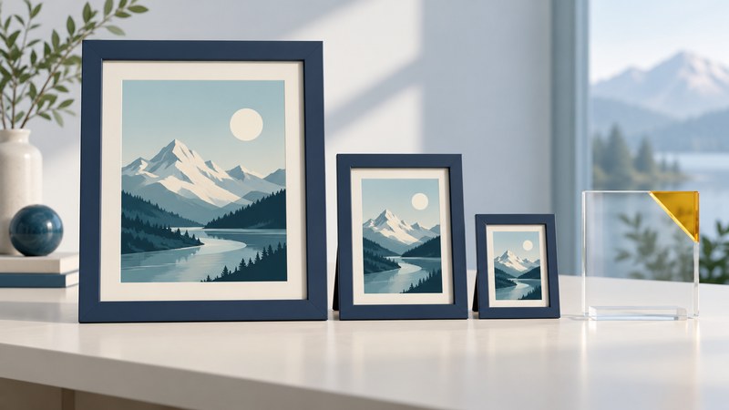 Three navy frames show the same mountain scene at decreasing sizes beside a clear pane with an amber corner.