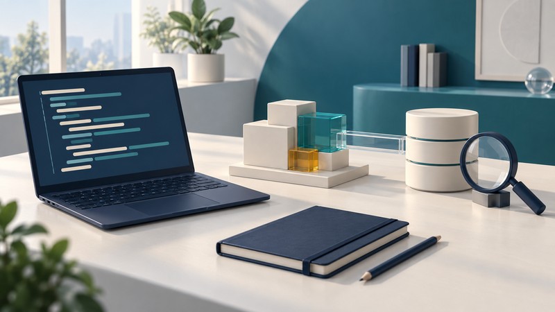 A navy laptop displaying abstract code bars sits beside modular blocks, a database model, an inspection lens and a notebook.