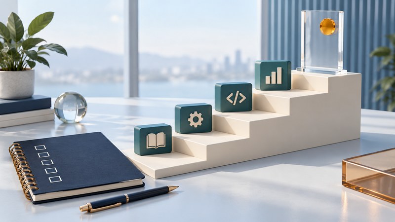 An ivory study staircase carries teal practice blocks toward a glass plaque with an amber inset beside a navy notebook.