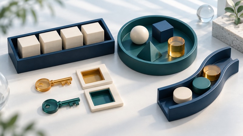 Four tabletop organizers represent an ordered list, unique shapes, paired keys and compartments, and a queue of tokens.