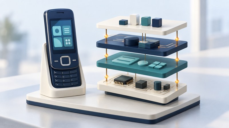 A generic slider handset stands beside four supported platform layers representing hardware, runtime, interface and applications.