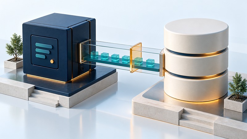 A navy application block connects through a glass bridge and amber gate to an ivory database cylinder.