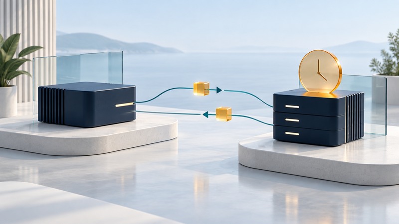 Two navy communication stations exchange amber packets along opposite teal paths beside an unnumbered clock disk.