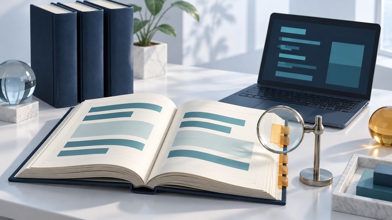 An open reference book, navy volumes and a laptop sit beside a magnifying lens aligned with amber index tabs.