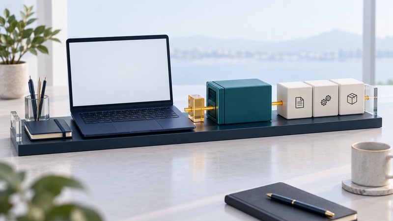 A navy laptop and teal build module align with ivory source, processing and package blocks on a common base.