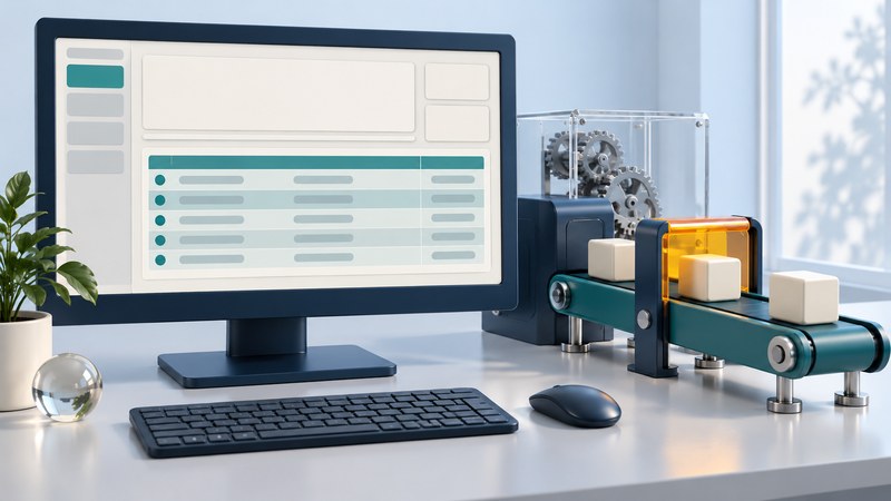 A navy desktop monitor displays an abstract table beside a teal conveyor carrying ivory work blocks through an amber gate.