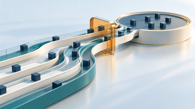 Parallel ivory and teal channels carry navy work blocks through an amber coordination gate toward a shared platform.