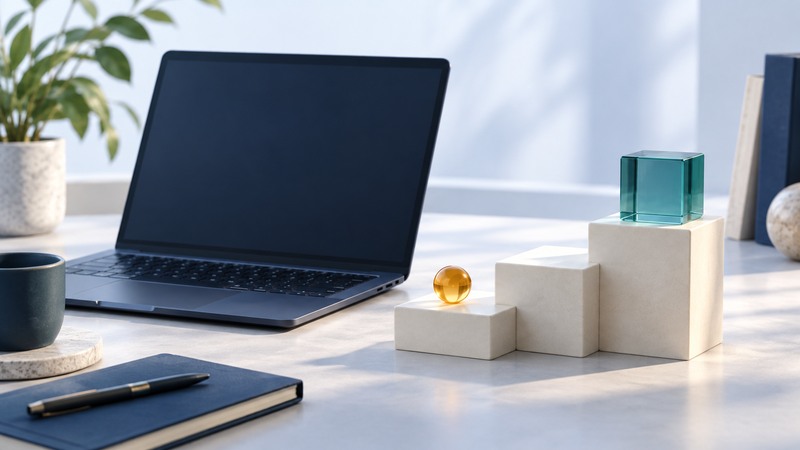 A navy laptop stands beside ivory stepping blocks leading to a translucent teal module and an amber checkpoint.