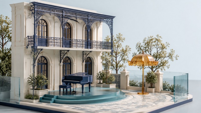Architectural miniature of an ivory New Orleans courtyard with navy ironwork, a piano stage, and an amber parasol.