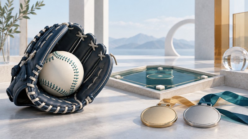 A navy softball glove and ball beside an imagined field and plain gold and silver medal discs.