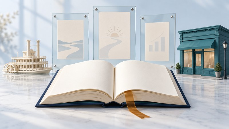 An open book and model storefront represent memoir and an entrepreneurial career.