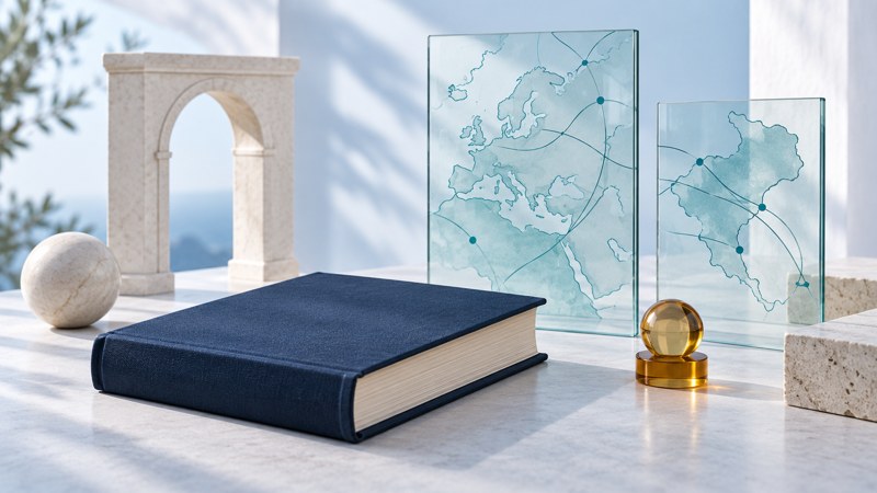 A closed navy book beside glass panels with map-like lines, an ivory arch, and an amber marker.