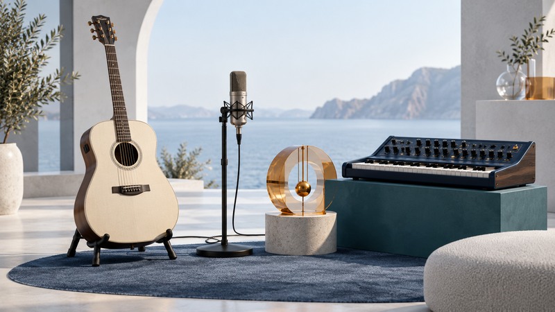 Ivory acoustic guitar facing a navy synthesizer with a microphone and amber glass form between them.