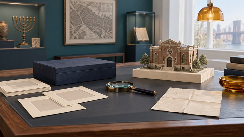 An archive box, empty photograph mounts and a model synagogue on a museum reading table.