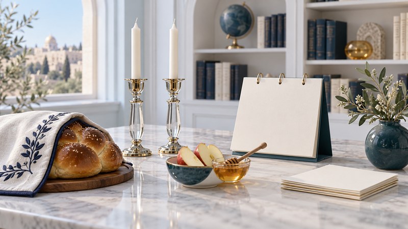 Two candlesticks, covered challah, apples and honey beside a blank calendar.
