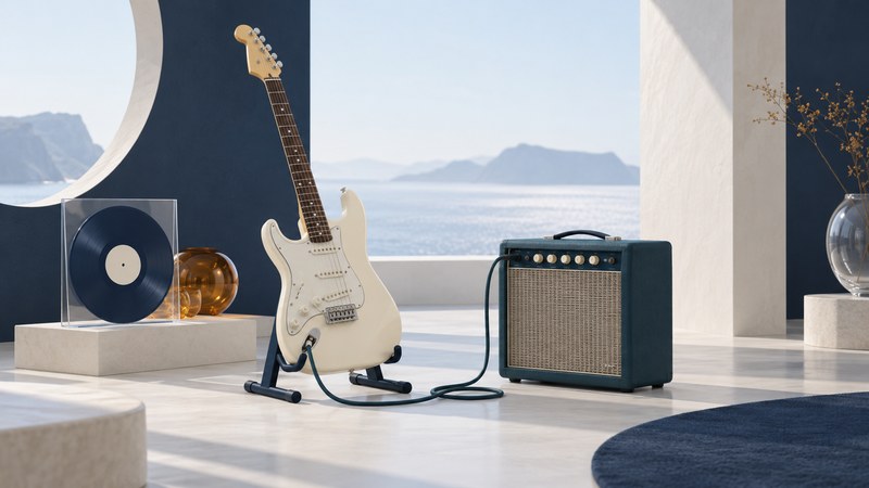 An ivory electric guitar on a stand connected to a teal amplifier beside a displayed record.