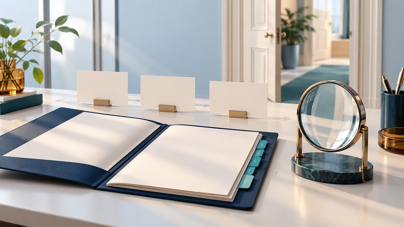 An open document folder, blank timeline cards and a magnifying lens sit beside a miniature office doorway.