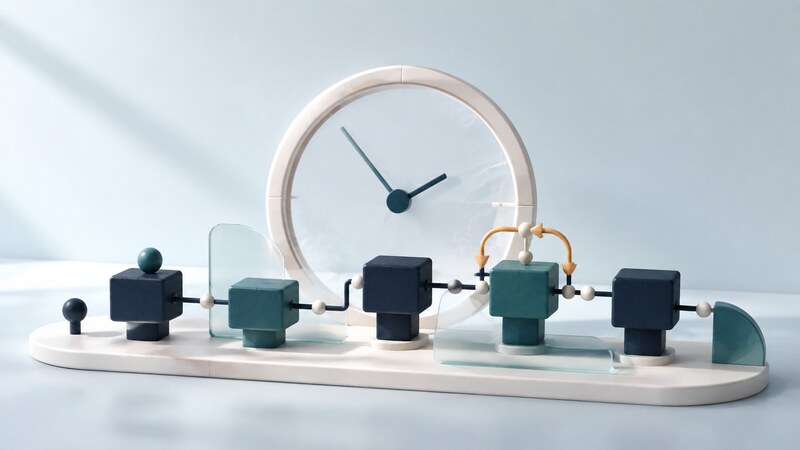 A clock stands behind connected task blocks with an amber retry loop.