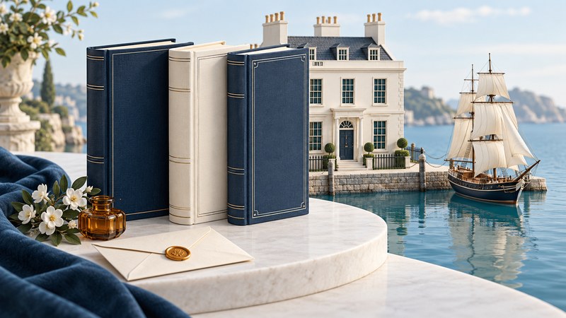 Three navy and ivory books stand beside a miniature townhouse and sailing ship, with a sealed letter in the foreground.