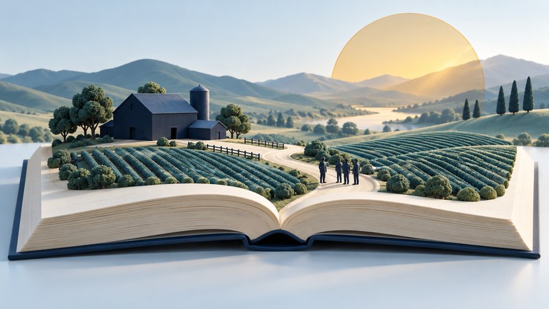 An open book forms a miniature valley with cultivated fields, a farm building, a road, and a small group of figures.