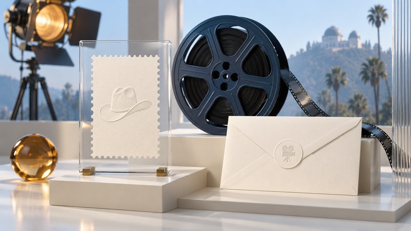 A stamp-shaped card with a cowboy hat motif stands beside a film reel and plain envelope.