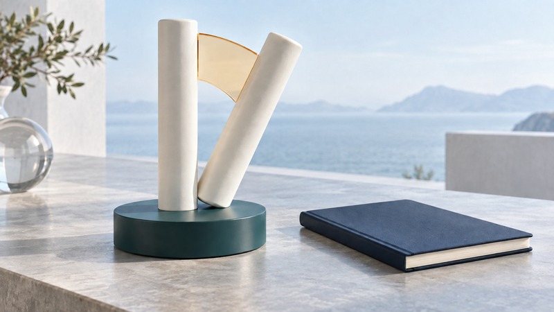 Two ivory columns and an amber arc form an abstract movement sculpture beside a consultation notebook.