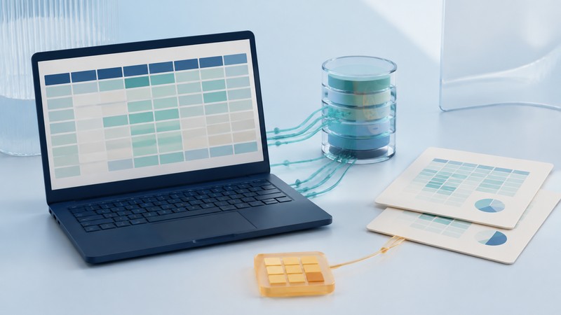A navy laptop with a spreadsheet grid connects to a glass data cylinder beside layered report sheets.