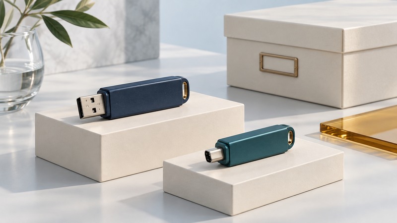 Navy USB-A and teal USB-C flash drives rest on ivory plinths beside an archive box.
