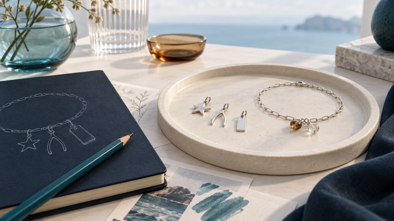 Star, wishbone, and plain tag charms beside a bracelet and a design sketchbook.