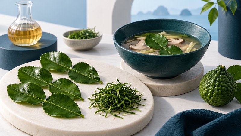 Glossy double-lobed makrut lime leaves and fine green ribbons on an ivory board beside a bowl of soup and a bumpy lime.