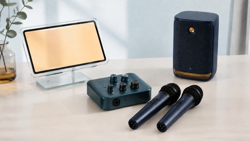 Two navy microphones beside a teal mixer, blank amber display, and compact speaker on an ivory desk.