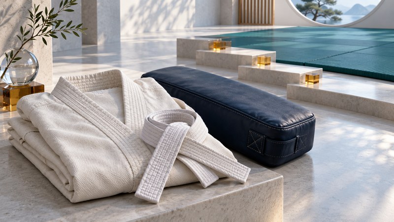 An ivory karate uniform and white belt rest beside a navy training pad and teal mat.
