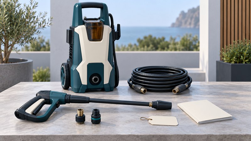 An idle electric pressure washer with disconnected hose and lance, separate fittings, a blank identification tag and manual.