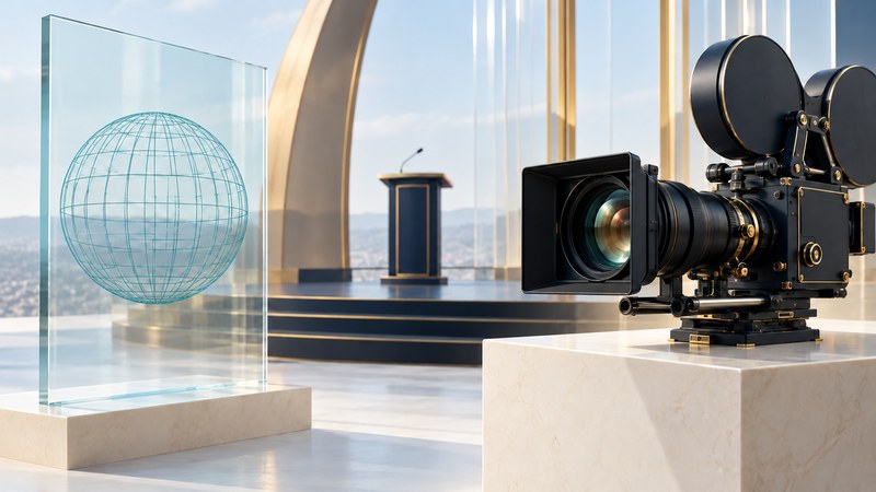 A cinema camera beside a glass wireframe sphere, with an empty presentation lectern behind.