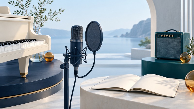 Navy microphone and pop filter between an ivory piano and teal amplifier, with a blank open booklet.
