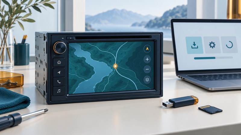 A navy car navigation head unit sits with a laptop, USB stick and SD card on an ivory workbench.