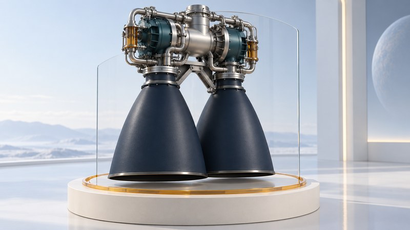A conceptual twin-bell rocket engine shares one upper machinery assembly on an ivory museum plinth.