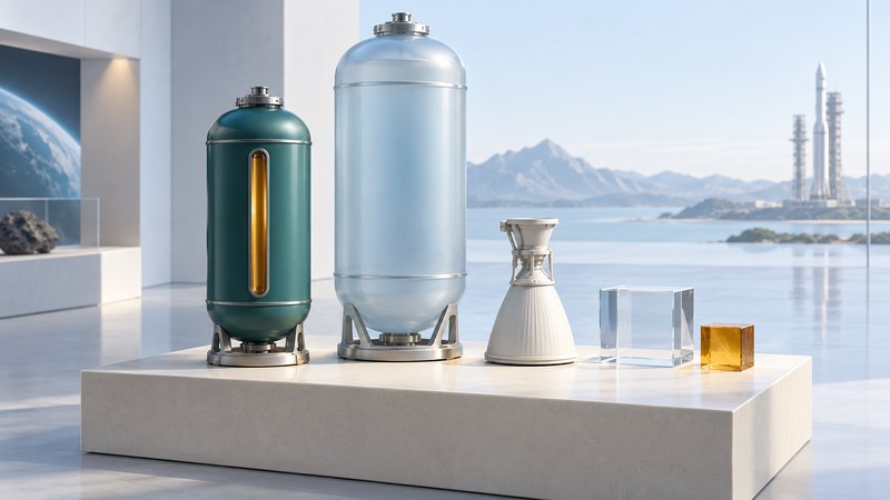 Teal and pale-blue tank models stand beside a small rocket nozzle and glass material samples.