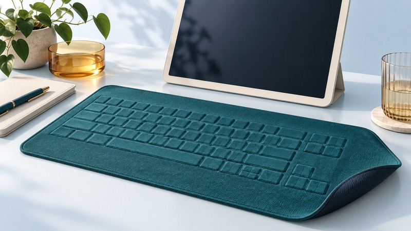 A flexible textile keyboard concept lies beside a tablet with one corner gently raised.