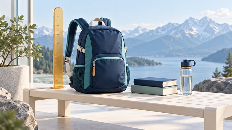 A small school backpack with padded straps, two books and a water bottle on an ivory bench.