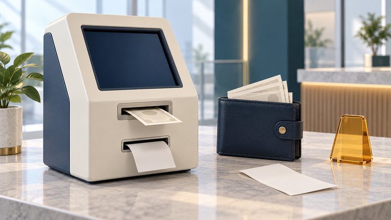 An ivory payment kiosk stands beside a navy wallet, blank paper notes, a receipt and an amber marker.