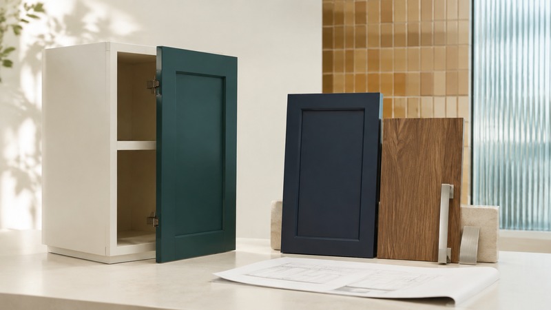 An ivory cabinet with an open teal door stands beside navy and wood-grain door samples and metal handles.