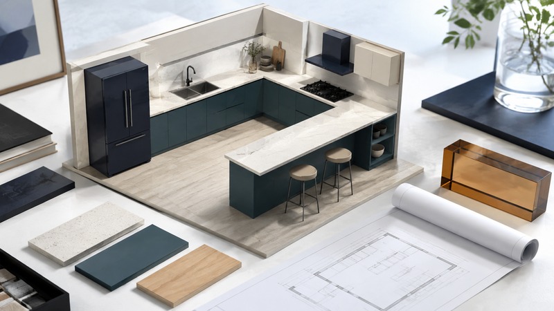 A miniature kitchen with a peninsula sits on an architectural planning table beside material samples and a rolled floor plan.